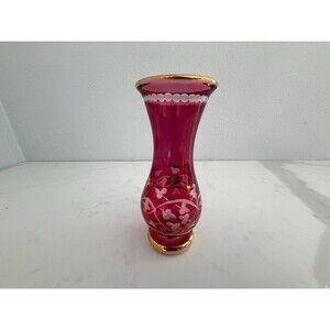 Vintage Red Royal Limited Etched Crystal Glass Bud Vase “Handcrafted in Egypt”